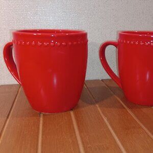 2 Set - Red Ceramic Mugs Coffee Tea Cups Beaded Rim 14 oz NWT Sleigh Bell Bistro
